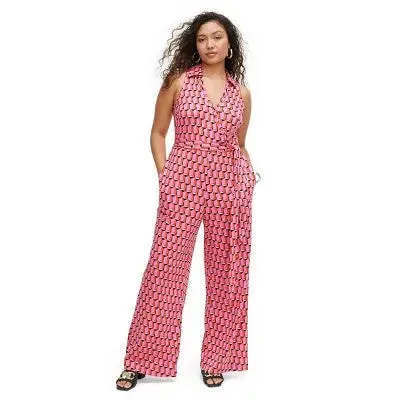 New - Diane von Furstenberg Women's Sleeveless Collared Jumpsuit, Modern Geo Pink