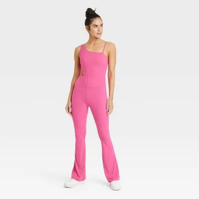 New - JoyLab Women's Full Length Sleeveless Flare Bodysuit Cutout Jumpsuit