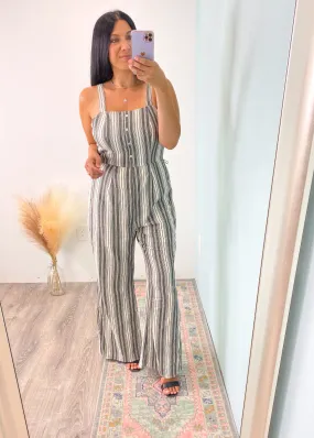 'Pacific Palisades' Gray & White Stripe Boho Wide Leg Jumpsuit