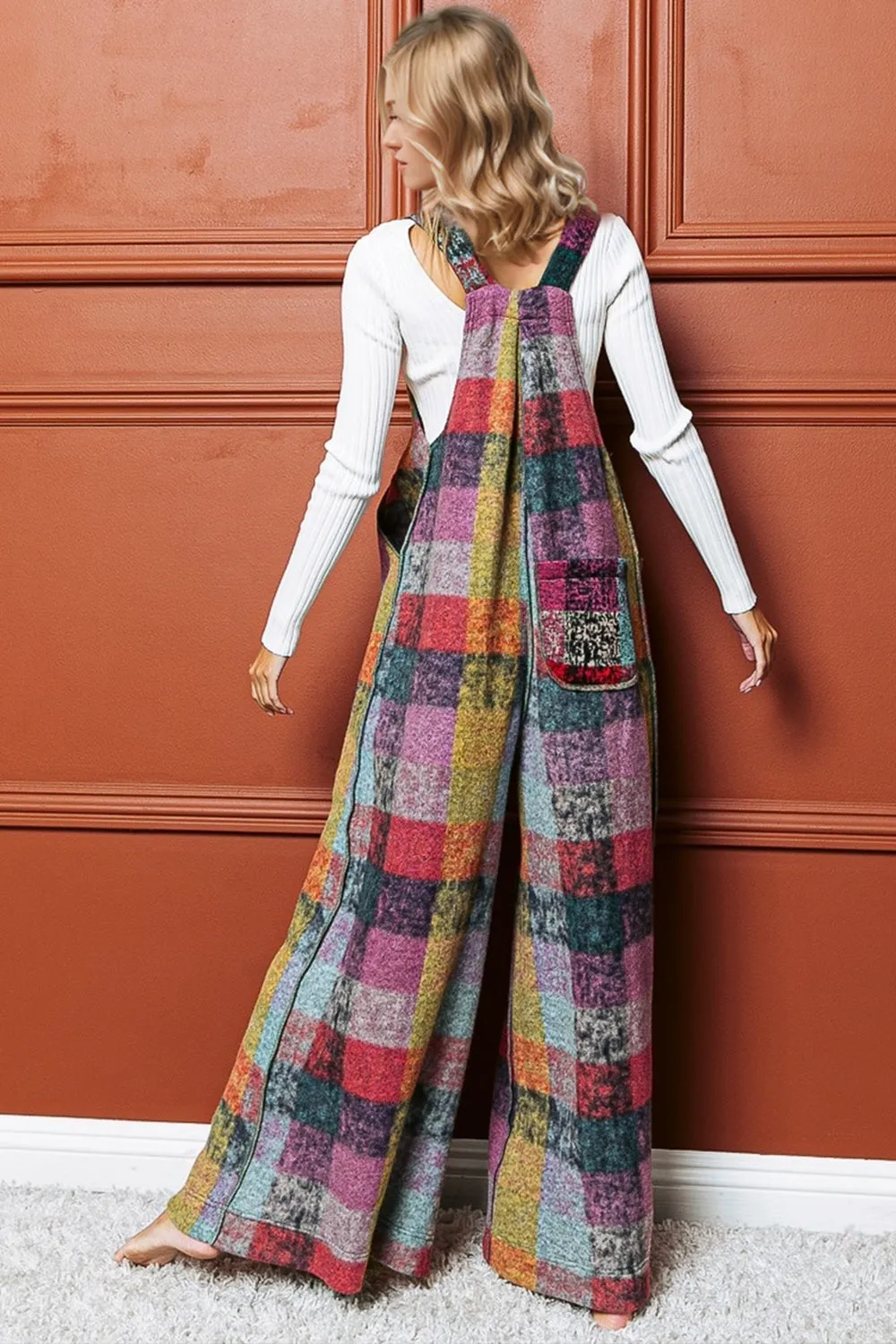 Plaid Sleeveless Fleece Wide Leg Jumpsuit