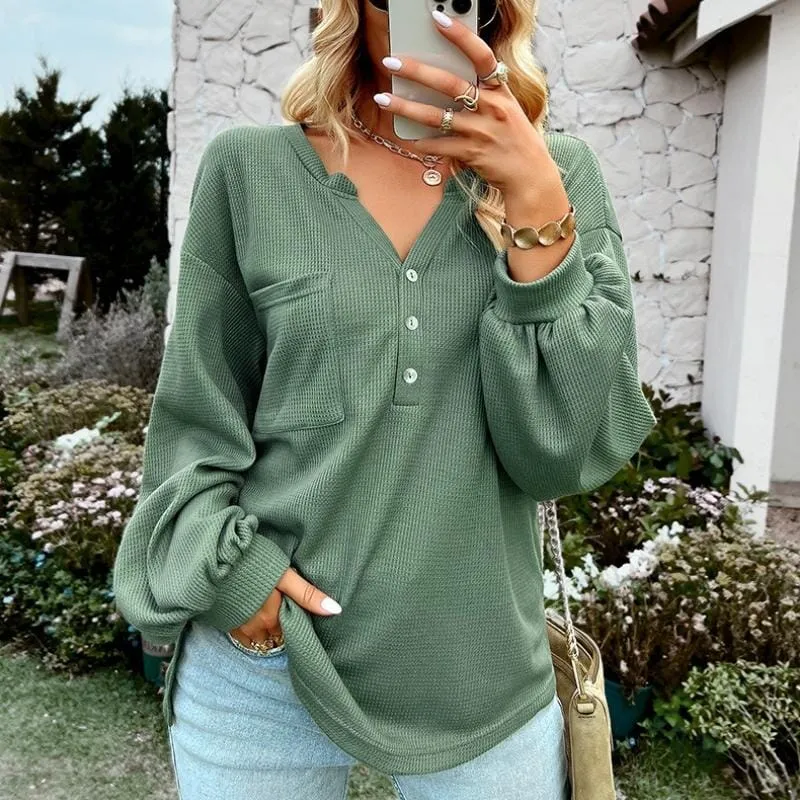 Plain Textured Basic Tops Pullover Blouses