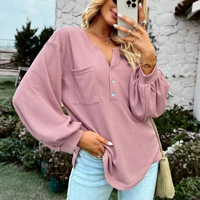 Plain Textured Basic Tops Pullover Blouses