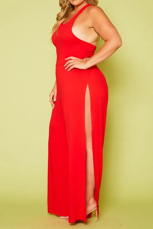 Plus Halter Top Wide Leg Slit Jumpsuit