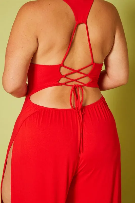 Plus Halter Top Wide Leg Slit Jumpsuit