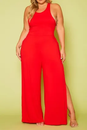 Plus Halter Top Wide Leg Slit Jumpsuit