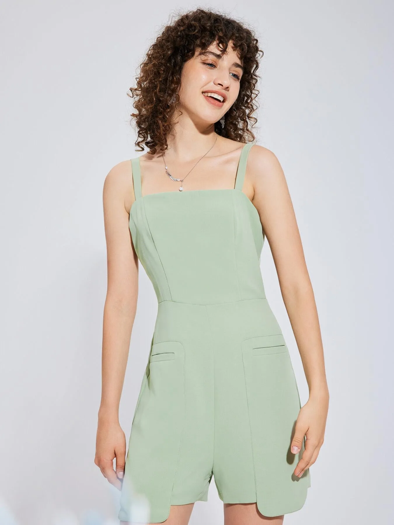 Pocket Zipper Square Neck Wide Leg Romper