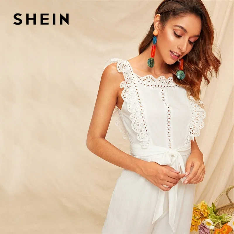 SHEIN Embroidery Eyelet Scallop Trim Backless Wide Leg Sexy Jumpsuit