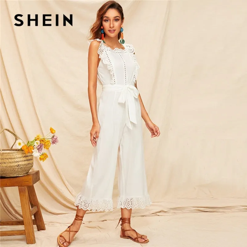 SHEIN Embroidery Eyelet Scallop Trim Backless Wide Leg Sexy Jumpsuit