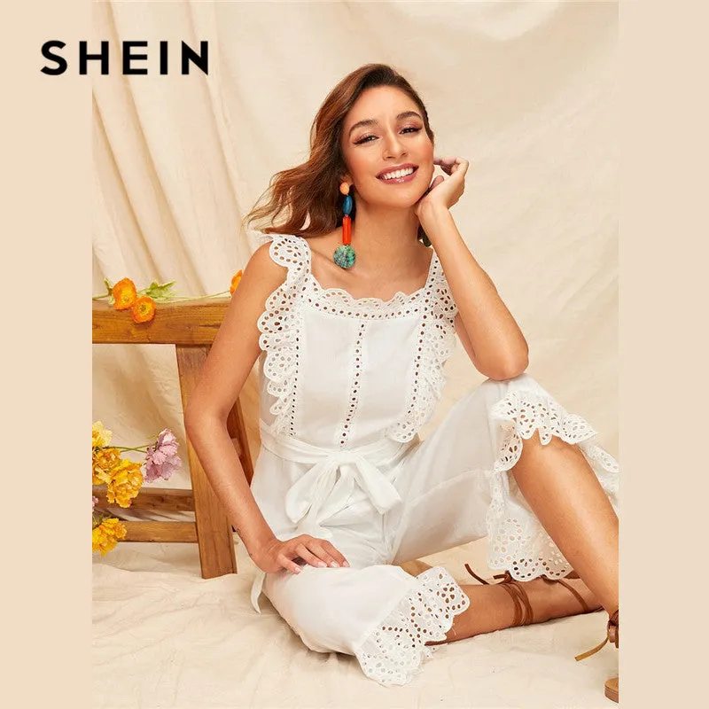 SHEIN Embroidery Eyelet Scallop Trim Backless Wide Leg Sexy Jumpsuit