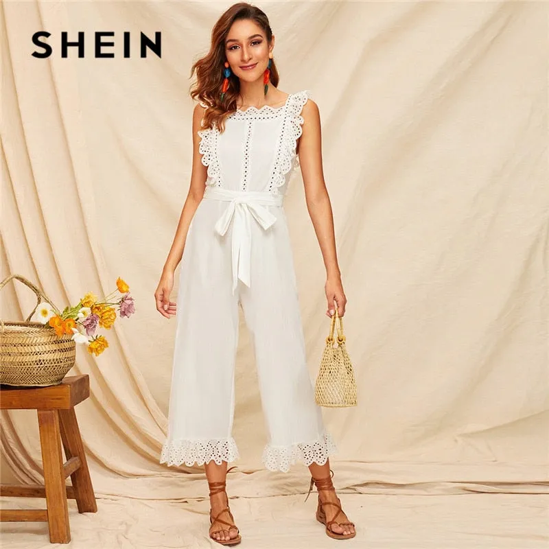 SHEIN Embroidery Eyelet Scallop Trim Backless Wide Leg Sexy Jumpsuit