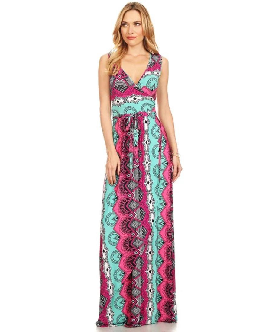 Sleeveless Paris Maxi Dress Retro Tribal Pink Teal