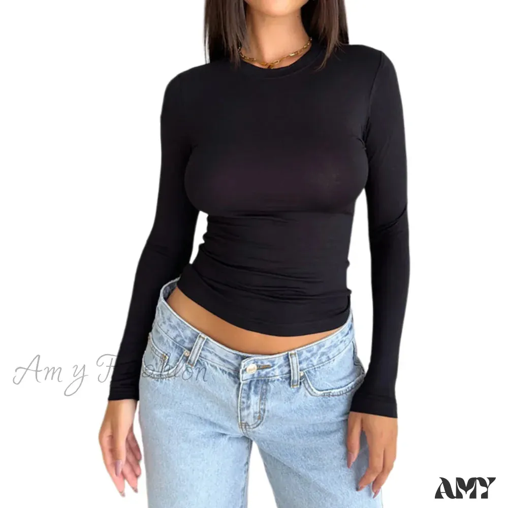 Slim Fit Plain Basic Long Sleeve Simple Casual Daily Crop Top