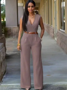 Surplice v neck wide leg jumpsuit in brown