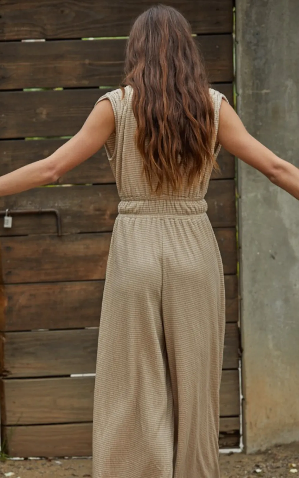 Taupe Striped Sleeveless Jumpsuit