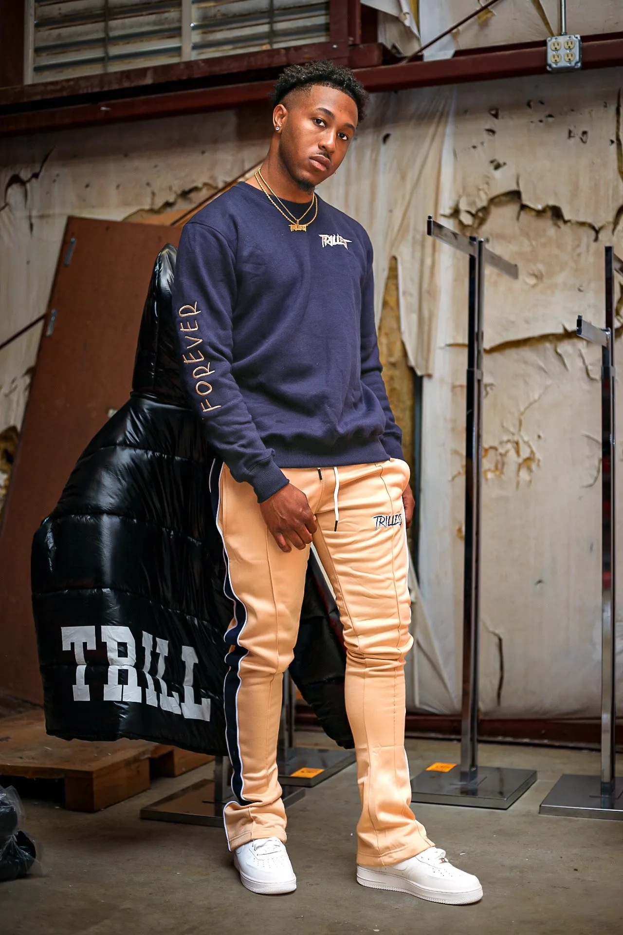 Trillest Stacked Track Pants - Cream/Navy