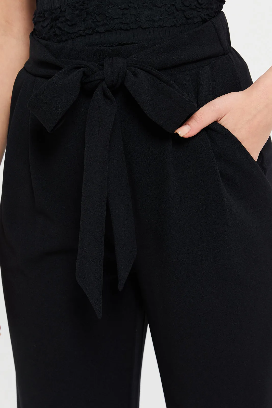 Women Black Wide Belted Leg Trousers