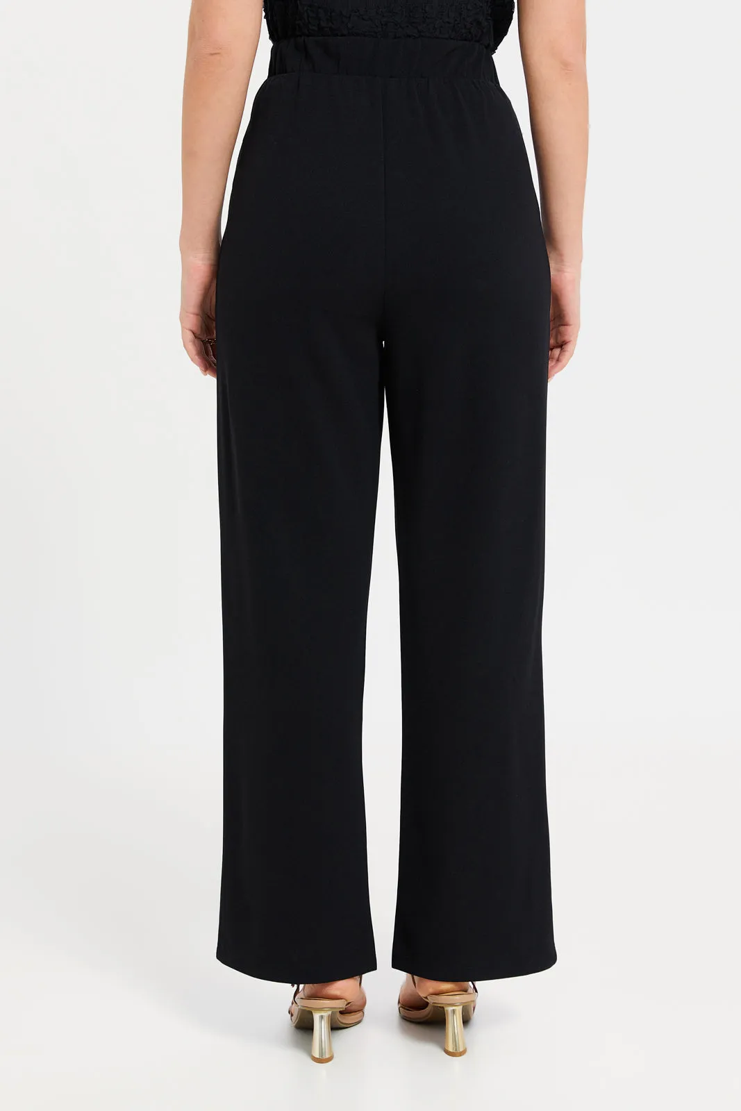 Women Black Wide Belted Leg Trousers