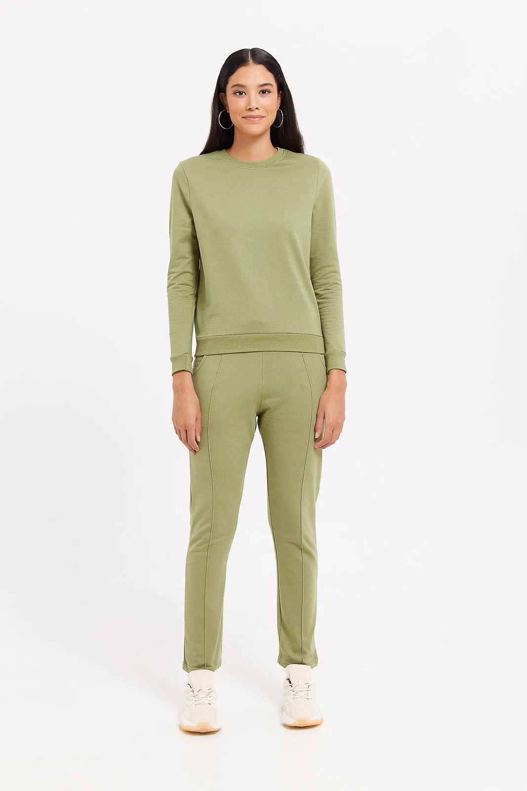 Women Green Plain Basic Sweatshirt