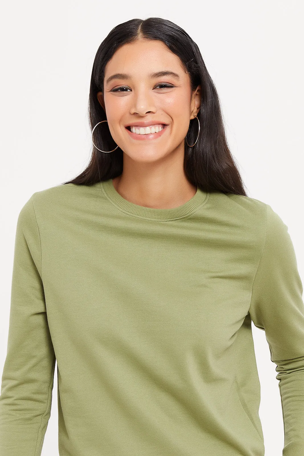 Women Green Plain Basic Sweatshirt