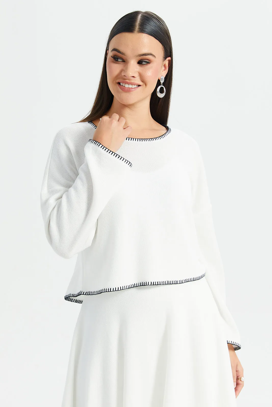 Women Ivory Embellished Contrast Blouse