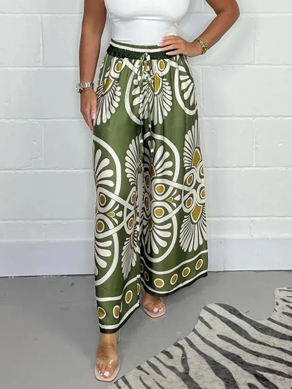 Women's Summer Bohemian Vacation Vintage Printed Satin Casual Pants