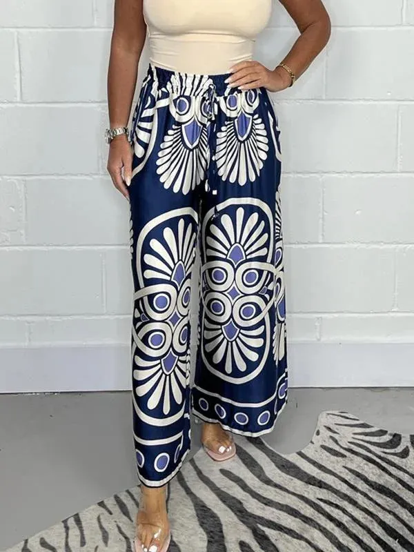 Women's Summer Bohemian Vacation Vintage Printed Satin Casual Pants