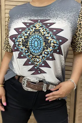 XCH14062 Aztec rhinestone graphic leopard printed short sleeve women tops